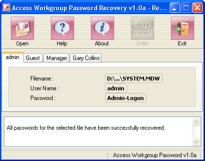 Access Workgroup Password Recovery Screenshot